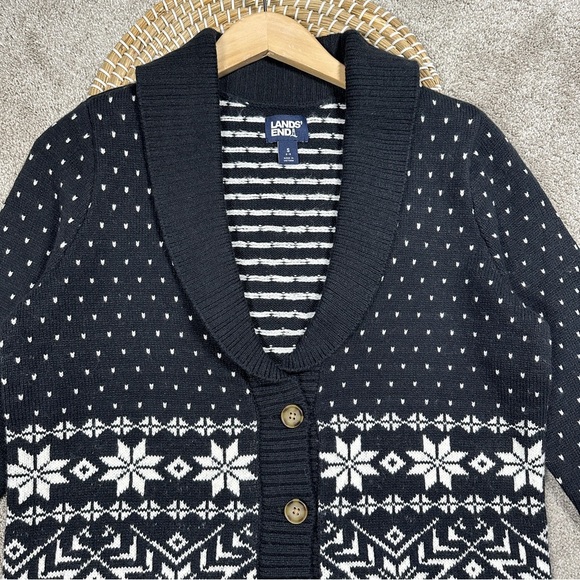 Lands’ End Women’s Wool Blend Cozy Lofty Jacquard Shawl Cardigan Sweater Black S - Picture 5 of 13